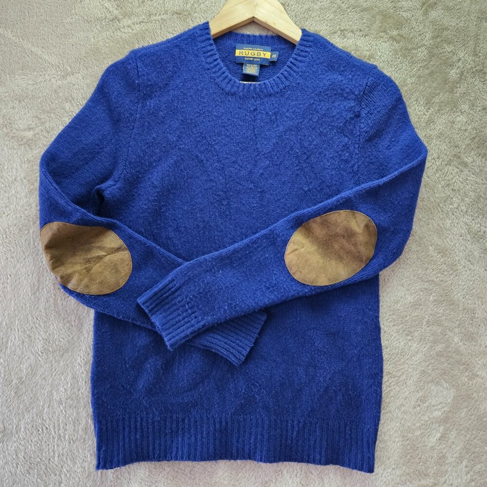 Ralph Lauren Rugby 100% Wool Sweater Pullover W/Elbow Patches Men's Size XS Blue